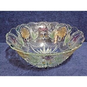 Vintage Pastel Floral Crystal Cut Heavy Glass Flower Large Serving Bowl 10 3/4"